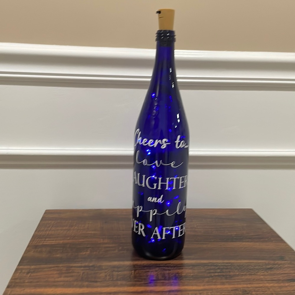 {Cheers to Love Laughter and Happily Ever After} Handmade blue light up bottle